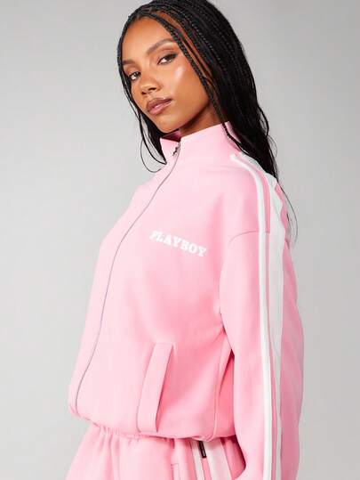 Missguided x Playboy Oversized Zip Up Sweatshirt With Contrast Side Stripe Detail And Logo Print For Casual Comfort