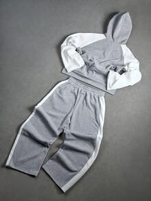 PAVTROS Manfinity Streetrush 2pcs Men's Hooded Sweatshirt And Drawstring Pants Set , Men Two Pieces Set , Men Jogger Set , Men Grey And White Set , Men Tracksuit , Fall Clothes - Brown - View 7