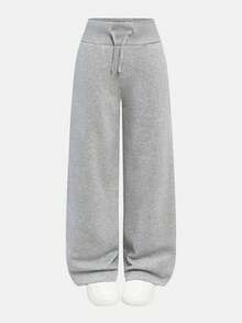 SHEIN Comfortable Casual Solid Color Knit Low Waist Wide Leg Teen Girl Sports Pants, Thermal Lined Winter Sports Pants, Wide Leg Sports Pants, Flared Sports Pants, Fleece Sports Pants - Grey - View 6