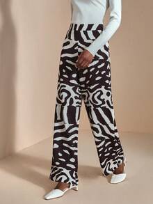 JIAN LASALA 高腰全印花直筒宽松长裤 女装秋季休闲奢华时尚服装系列 优雅图案裤 - 彩色 - 查看 6