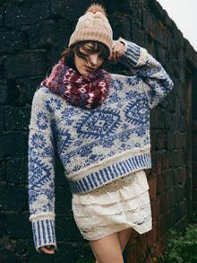 Bohemela Áo khoác ngoài Boho Thu/Đông, Áo len cổ cao dệt kim Fair Isle màu xanh và trắng cổ điển dành cho nữ, Phong cách đồng quê miền Tây, Thích hợp mặc đi nghỉ & mặc hàng ngày & trở lại trường, Halloween, Giáng sinh, Thu dành cho nữ - Xanh và trắng - Xem 1