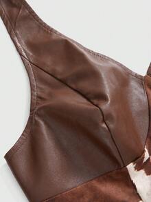 ROMWE Grunge Punk Maiou vintage cu imprimeu animal western, model patchwork din PU, cu guler halter, pentru femei