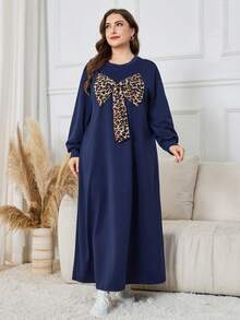 Lacomfia 休闲纯色豹纹蝴蝶结装饰圆领宽松长袖运动衫，加大码，春秋季 - 藏蓝色 - 查看 3