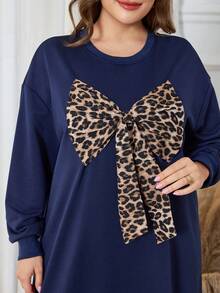 Lacomfia 休闲纯色豹纹蝴蝶结装饰圆领宽松长袖运动衫，加大码，春秋季 - 藏蓝色 - 查看 4