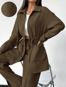 Mulvari 2pcs/Set Women Solid Color Front Zipper Pocket Long Sleeve Top And Pants Casual Outfit 2 Piece Set - Brown - View 3