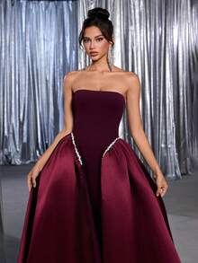 Vowa Váy chữ A xòe siêu dài đính hạt màu trắng sang trọng, phối ren đen thanh lịch, có dây buộc phía sau có thể điều chỉnh, thích hợp cho các buổi hẹn hò, tiệc độc thân, đám cưới, sự kiện, kỳ nghỉ, mùa tựu trường, dạ tiệc trang trọng - Màu Đỏ Sâu - Xem 3