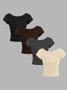 SHEIN Essnce 4 piezas de camisetas de cuello redondo ajustadas de unicolor con contraste, con espalda descubierta y calado, adecuadas para primavera/verano