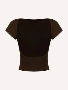 SHEIN Essnce 4 piezas de camisetas de cuello redondo ajustadas de unicolor con contraste, con espalda descubierta y calado, adecuadas para primavera/verano