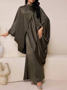 Veilorie Women's Solid Color Stand Collar Batwing Sleeve Loose Elegant Arabic Dress