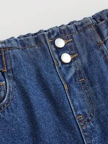 SHEIN 年轻女孩宽松深蓝色牛仔裤，适合秋季、冬季、休闲时尚度假穿着，2000年代风格，万圣节牛仔裤，圣诞节。 - 深色水洗藍 - 查看 3