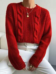 SHEIN Tween Girl Autumn/Winter Fashion Cable Knit Jacquard Crew Neck Casual Pullover Sweater, Girls Red Pullover Sweater, Red Sweater Kids, Uniform Girl Sweaters Tween, Red Sweater Teen Girl - Red - View 3