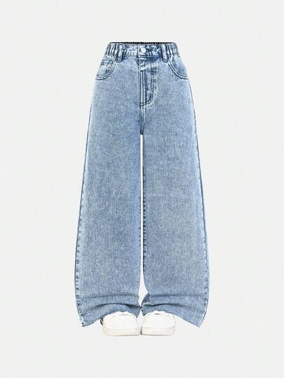 青少年女孩宽松口袋阔腿做旧下摆牛仔裤