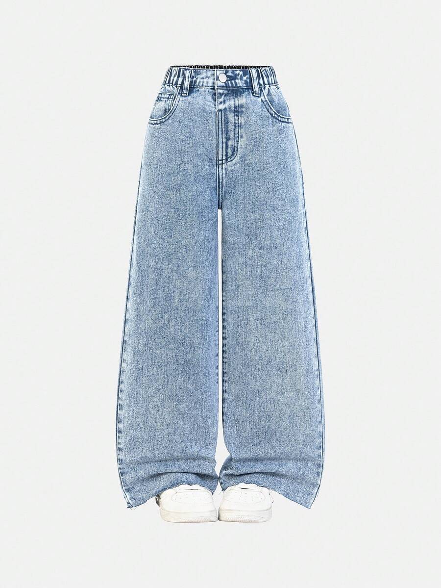 青少年女孩宽松口袋阔腿做旧下摆牛仔裤 - 中等水洗藍 - 查看 1