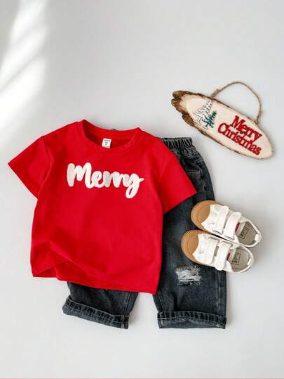 SHEIN 男宝宝亲子圣诞装 - 妈妈和我，男宝宝上衣，可爱3D刺绣红色短袖T恤，舒适百搭时尚休闲基础款套头衫，适合室内、户外滑雪、日常穿着、运动、玩耍、拍照、圣诞T恤、圣诞毛衣、圣诞派对、冬季