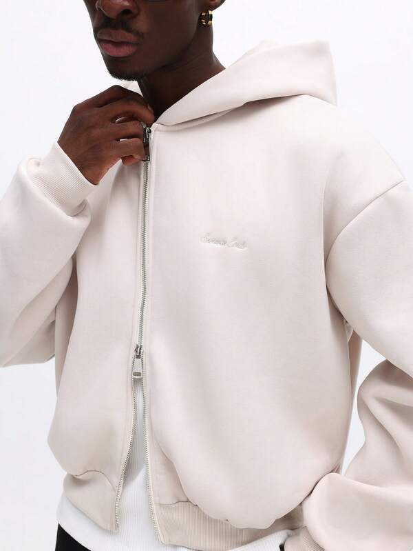 SUMWON Heavyweight Crop Fit Full Zip Hoodie With Drawstring Hood And Centre Pocket For Casual Everyday Comfort