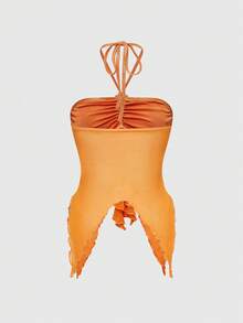 ROMWE Fairycore Canotta asimmetrica da donna con decorazione a conchiglia, per l'estate - Arancione - Visualizzare 2