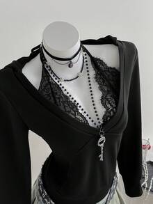 Elamini 女士黑色蕾丝拼接深 V 领系腰长袖修身连帽运动衫，优雅、时尚、百搭，适合通勤、上学、复古、可爱、休闲、约会 - 黑色 - 查看 3