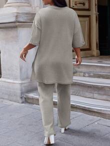 EURMUSE Cotton 2 Pieces Plus Size Slit T-Shirt Pants Suit - Light Grey - View 2