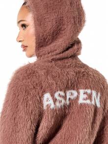SUMWON WOMEN Chaqueta de punto con capucha con cremallera, textura de sherpa, cálida y cómoda para estar en casa en invierno - Marrón - Ver 6