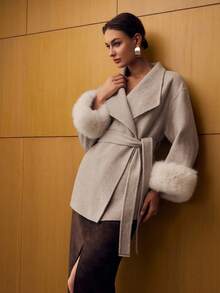 MOTF PREMIUM WOOL BELTED CONTRAST FAUX FUR OVERCOAT - Beige - View 6