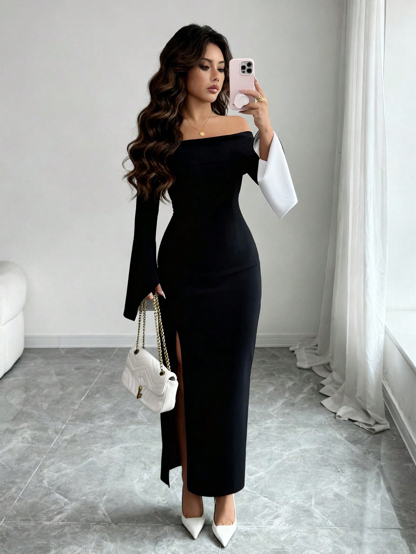 Elenzga فستان حفلة أنيق طويل الأكمام مناسب للنساء،...