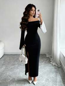 Elenzga Slit Off Shoulder Long Sleeve Fitted Elegant Party Dress For Women, Autumn/Winter