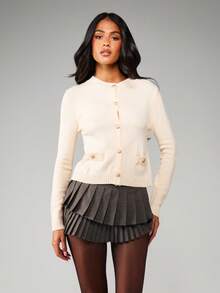 MISSGUIDED 前扣罗纹针织开衫，带口袋，长袖毛衣外套，秋冬款 - 米色 - 查看 1