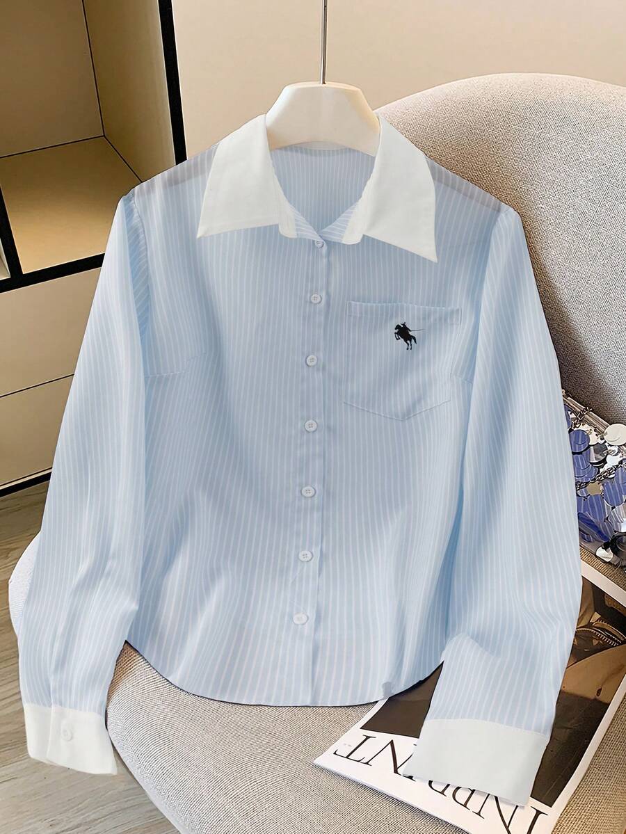 GlowEve CURVE 大码蓝色条纹拼布长袖 Polo 领休闲衬衫 - 藍色 - 查看 1