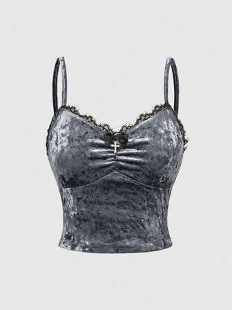 Goth Camiseta de tirantes de terciopelo y encaje con panel de diamantes, verano