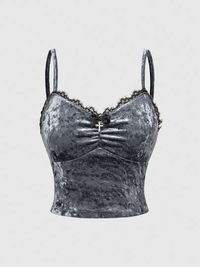 Goth Camiseta de tirantes de terciopelo y encaje con panel de diamantes, verano