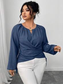 Elenzga Plus Size Women's Solid Color Keyhole Neck Lantern Sleeve Ruched High-Low Hem Fashionable Blouse