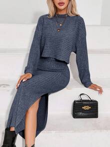 SHEIN Privé 女式纯色简约长袖上衣和开衩裙两件套 - 藏蓝色 - 查看 4