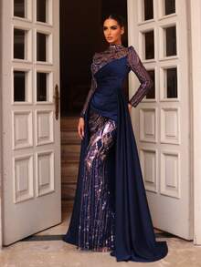 Aureia Elegante y lujoso vestido de satén con cuello alto, manga larga transparente, fruncido delantero, cola de pez, volante oversize, adornado con cuentas y lentejuelas, apropiado para todas las ocasiones formales, bodas, vacaciones, fiestas, madre de la novia/novio