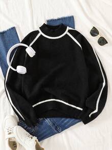 Teen Girl Turtleneck Striped Sweater, Black & White, Long Sleeve, Loose Fit, Casual, Comfortable Knit Top - Black and White - View 1