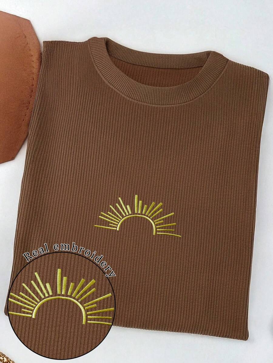 INAWLY Camiseta de manga larga con cuello redondo de pana con estampado de sol, estilo minimalista elegante para mujer. Regalo para amigos