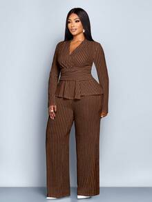 SOLERSUN 大码女装秋冬优雅条纹V领长袖T恤和阔腿裤两件套，不对称下摆两件套，休闲日常穿着，女装冬装女装秋装，包裹性，扭纹，腰带，黑白条纹提花纹理面料，日常穿着，通勤，购物 - 咖啡棕 - 查看 6