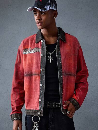 Street Life Camicia di jeans a maniche lunghe con stampa di lettere e blocchi di colore, con bottoni davanti, per uomo