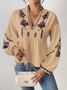 SHEIN LUNE Women's Shirred Graphic Print Long Sleeve Button Shirt Peplum Top - Apricot - View 4