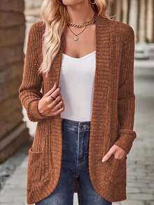 EMERY ROSE 女式休闲罗纹拉绒前开侧袋短裤薄夹克 - 棕色 - 查看 1