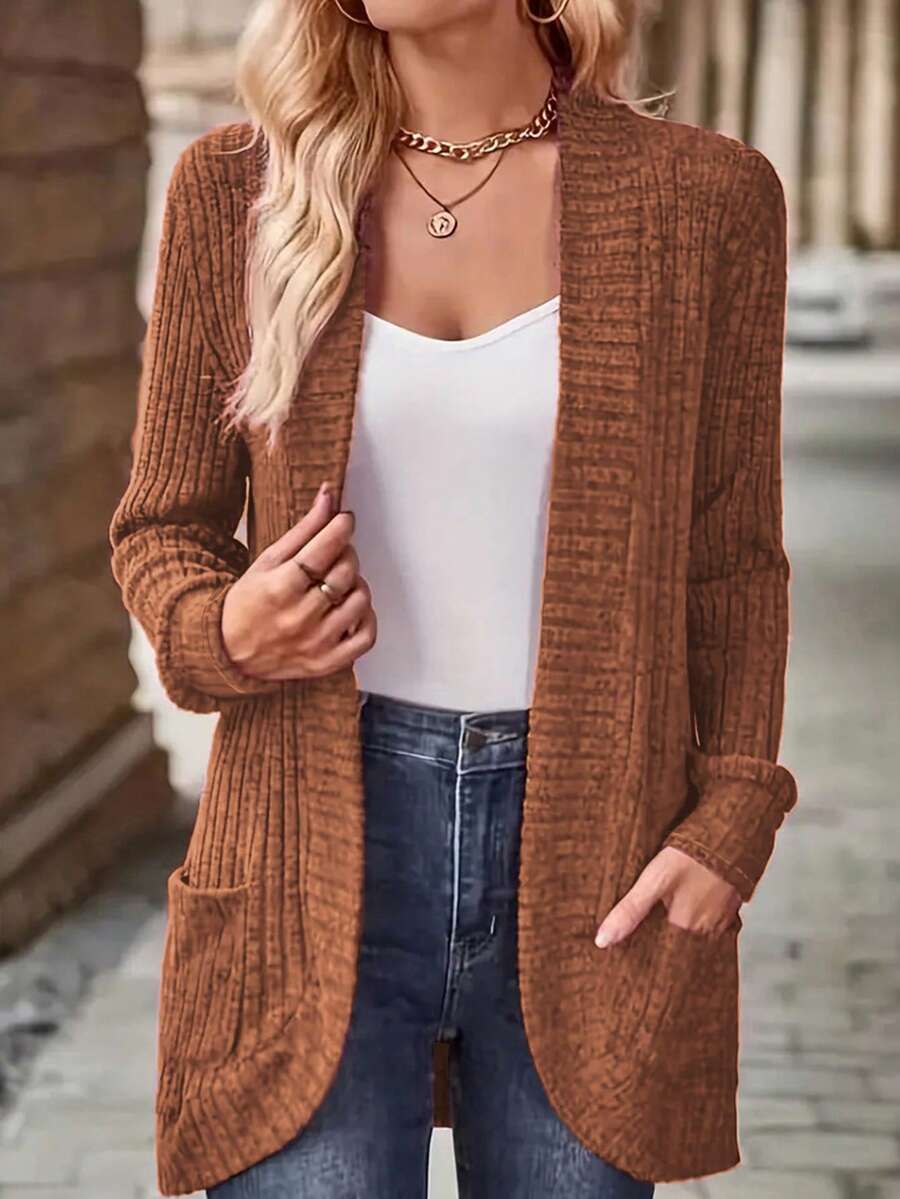 EMERY ROSE 女式休闲罗纹拉绒前开侧袋短裤薄夹克 - 棕色 - 查看 1