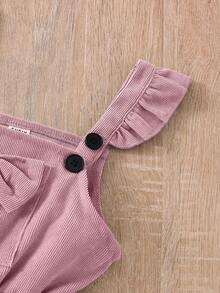 SHEIN Elladie kids 女童休闲日常圆领长袖修身心形印花 T 恤搭配 3D 蝴蝶结吊带连体裤，灯芯绒面料，适合所有季节，返校装 - 粉色 - 查看 4