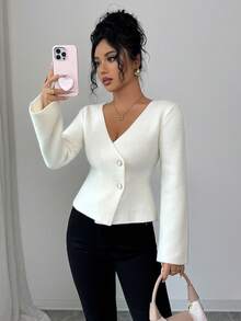 SHEIN Elenzya Fashionable Minimalist Button-Up Long Sleeve Knit Cardigan - White - View 6