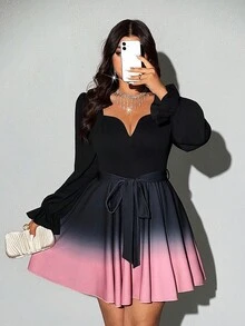 Viva Relle Plus Size Women's Elegant Sexy Cute Heart Neck Puff Sleeve Waist Tie Ombre Color Short Dress, Party Wear - Multicolor - View 5