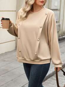 EMERY ROSE Plus Size Women's Fashion Double-Breasted Sweatshirt - Khaki - View 3