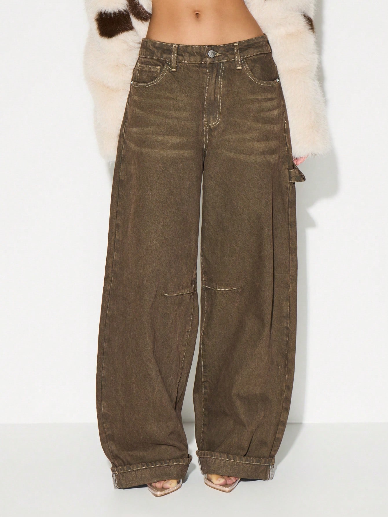 KIZN High Rise Wide Leg Cargo Jeans With Cuffed Hem