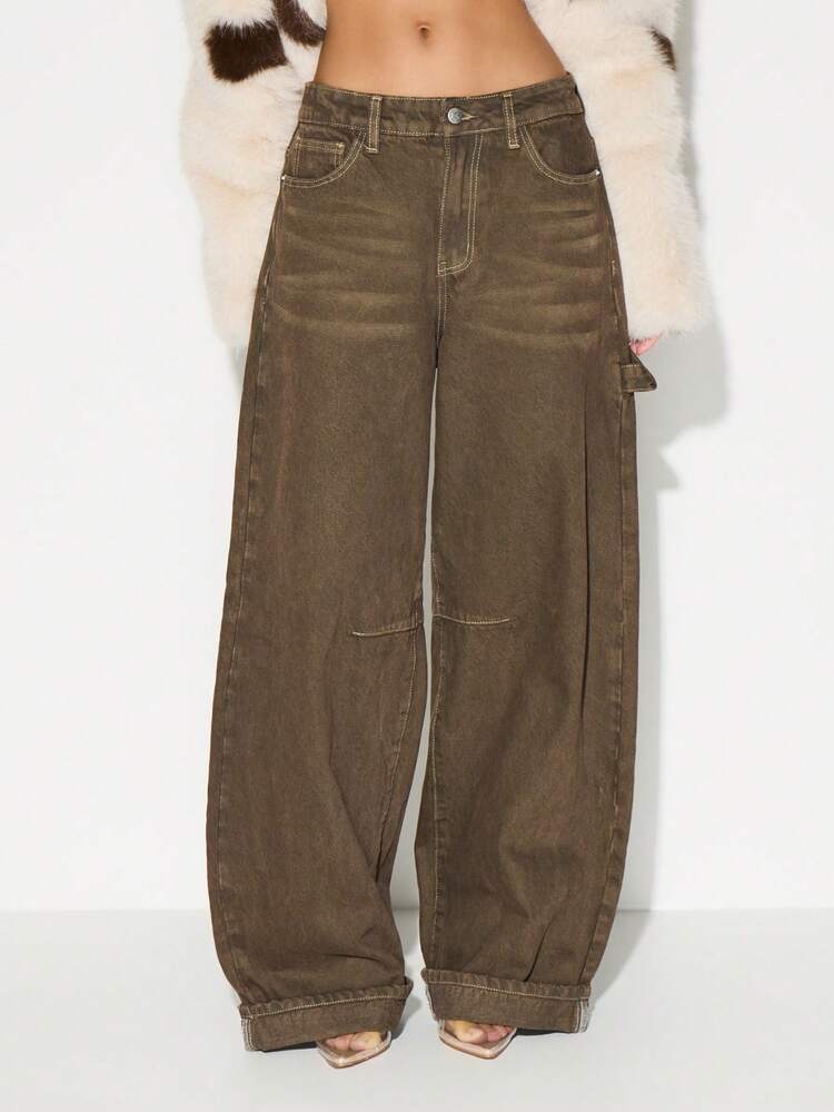 KIZN High Rise Wide Leg Cargo Jeans With Cuffed Hem