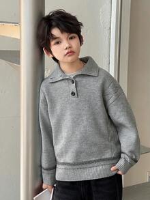 DAZY Áo len dài tay cổ bẻ vai trễ vai màu trơn cho bé trai tuổi mới lớn, thu/đông - Xám - Xem 6