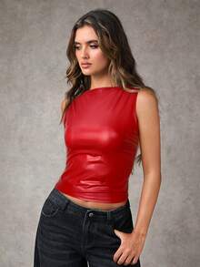 SHEIN BAE 女士纯色修身通勤吊带背心 - 紅色 - 查看 5