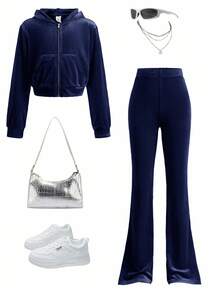 SHEIN Bộ đồ 2 món giản dị thanh lịch dành cho bé gái tuổi mới lớn, áo hoodie nhung đính đá Rhinestone có khóa kéo và quần ống loe ôm - Màu xanh hải quân - Xem 12