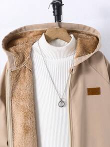 SHEIN Tween Boys' Casual Thermal Lined Hooded Mid-Length Thick Woven Jacket, Suitable For School, Garden, Birthday, Autumn, Winter, Boys Long Coats, Boy Coat,Brown Top, - Khaki - View 3